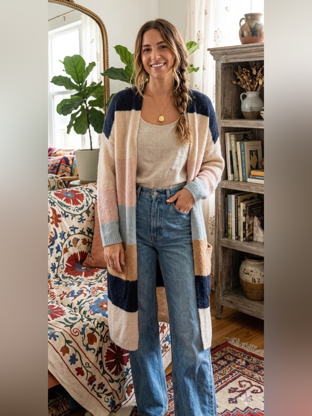 Active USA Open-Front Duster Cardigan in Pink, Blue, Cream, Tan & Black